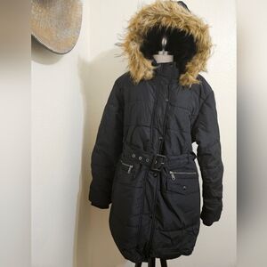 WEN Black Belted Puffer Coat with Fur Hood